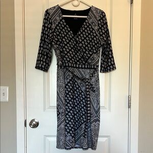 Prana Black and White Faux Wrap Dress with V-Neck